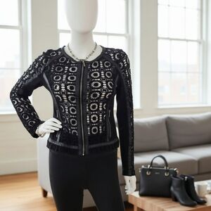 XOXO Black Lace & Faux Leather Trim Zip Jacket – Size Small